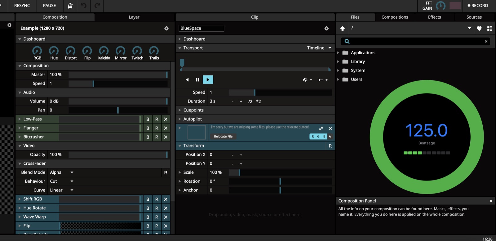 BeatSage locked to 125 BPM beside Resolume